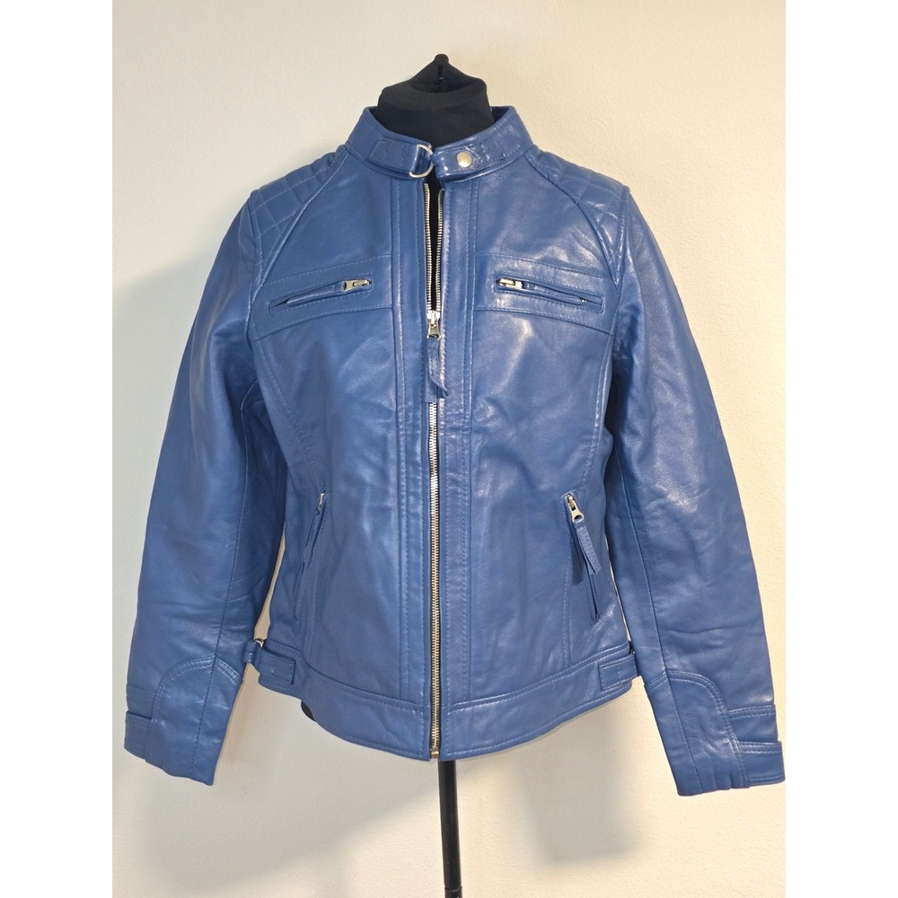 NWT Decrum Blue‎ Genuine Lamb Leather Moto Biker Jacket Quilted Shoulders Size M